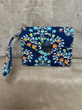 Vera Bradley Navy Floral Quilted Wristlet Clutch with Blue & Orange Accents
